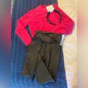 Tween Diva Girls Set Hot Pink Fuzzy Crop Sweater with Black Faux Leather Legging